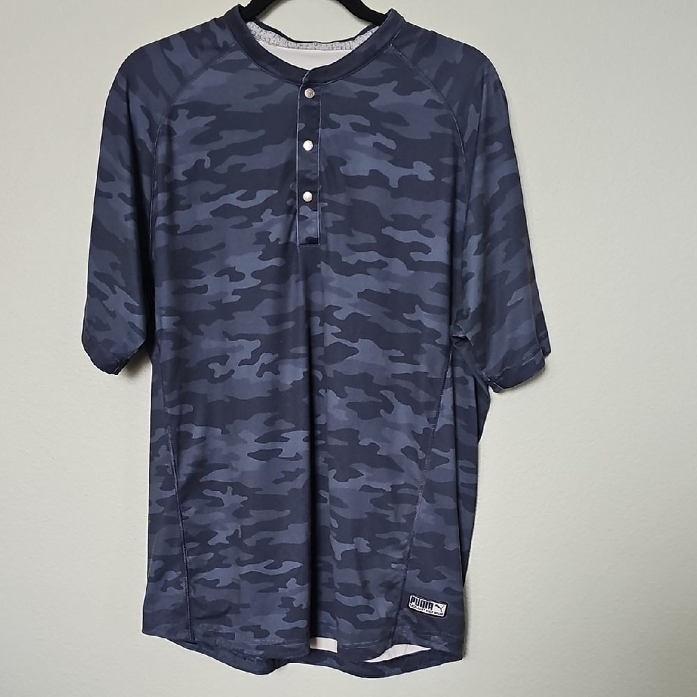 Puma Men's Navy Camo Mat Henley Cloudsoun Quarter Button Shirt Large - Picture 2 of 9